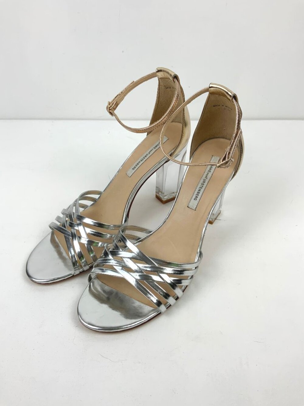Diane von Furstenberg Ibiza Clear Heeled Strappy Metallic Silver Sandals Sz 9.5M - Picture 9 of 15